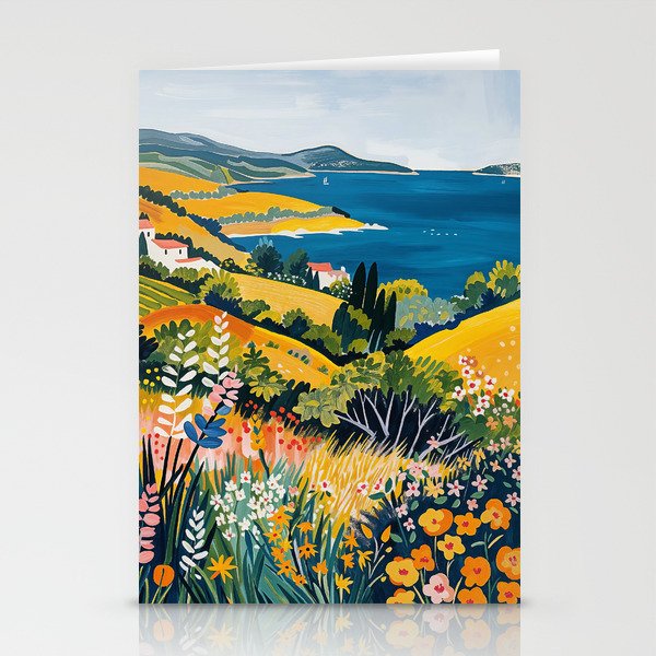 Vibrant Mediterranean Coast Painting in Matisse Style with Blooming Flowers and Blue Waters Stationery Card Gallery Image 2