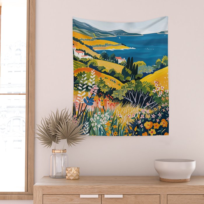Vibrant Mediterranean Coast Painting in Matisse Style with Blooming Flowers and Blue Waters Wall Tapestry Gallery Image 2