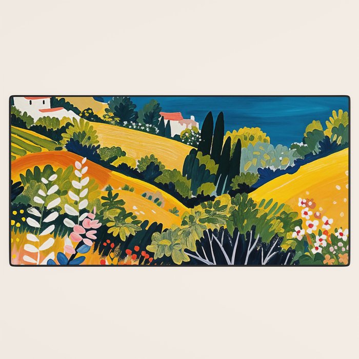 Vibrant Mediterranean Coast Painting in Matisse Style with Blooming Flowers and Blue Waters Desk Mat Gallery Image 3