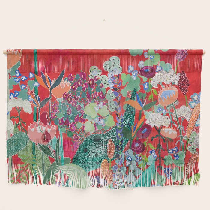 Red floral Jungle Garden Botanical featuring Proteas, Reeds, Eucalyptus, Ferns and Birds of Paradise Wall Hanging Gallery Image 1