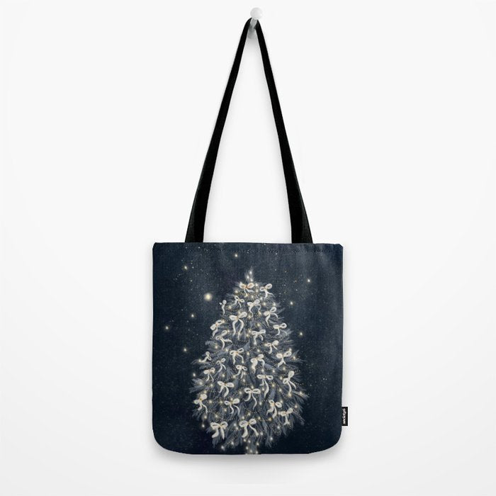 Elegant Starry Night Christmas Tree with Angelic Bows Tote Bag Gallery Image 2