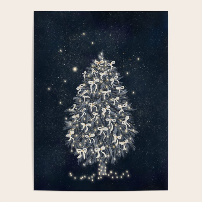 Elegant Starry Night Christmas Tree with Angelic Bows Poster Gallery Image 1