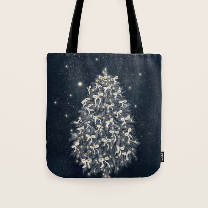 Elegant Starry Night Christmas Tree with Angelic Bows Tote Bag Gallery Image 1