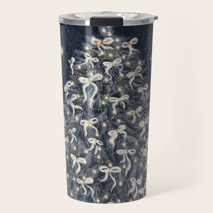 Elegant Starry Night Christmas Tree with Angelic Bows Travel Mug Gallery Image 1