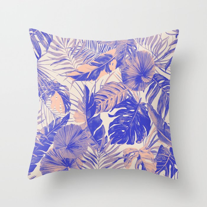 Blue and pink leafy jungle J Throw Pillow Gallery Image 1