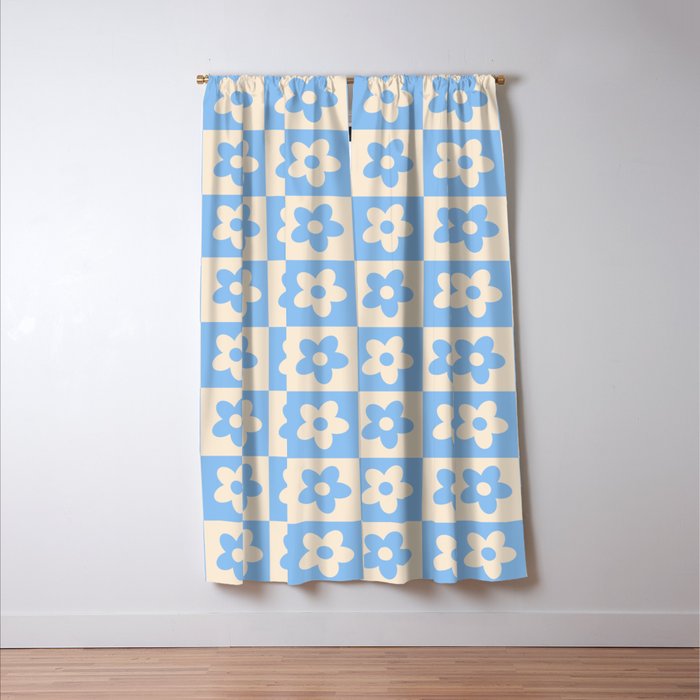 90s flowers checkers cream and blue Window Curtain Gallery Image 3