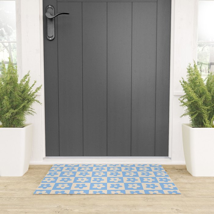 90s flowers checkers cream and blue Welcome Mat Gallery Image 3