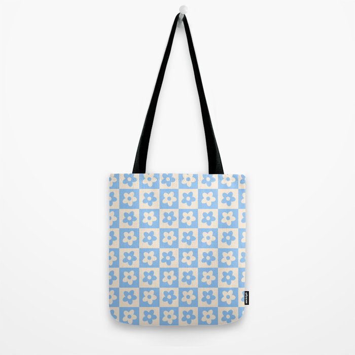 90s flowers checkers cream and blue Tote Bag Gallery Image 2