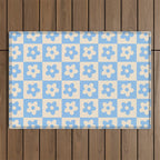 90s flowers checkers cream and blue Outdoor Rug Gallery Image 1