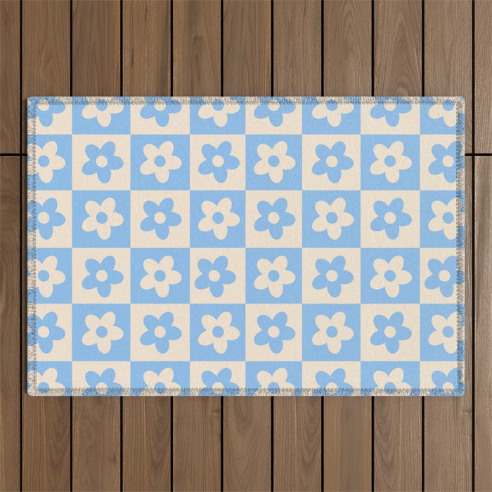 90s flowers checkers cream and blue Outdoor Rug Gallery Image 1