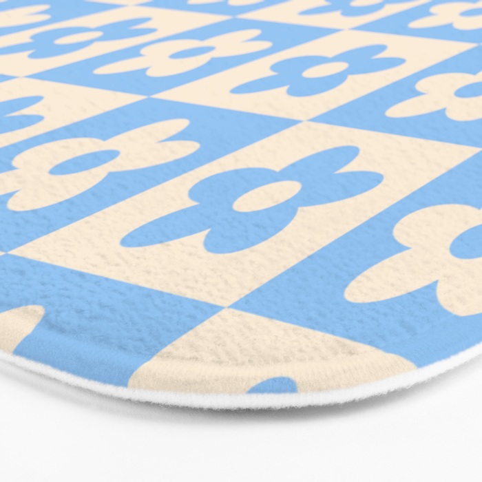 90s flowers checkers cream and blue Bath Mat Gallery Image 3