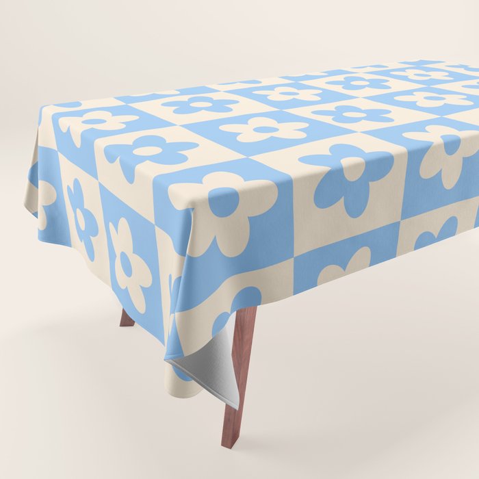 90s flowers checkers cream and blue Tablecloth Gallery Image 1