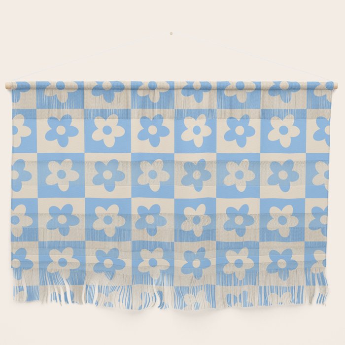 90s flowers checkers cream and blue Wall Hanging Gallery Image 1