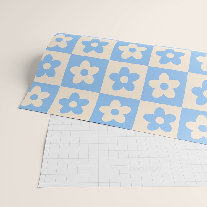 90s flowers checkers cream and blue Wrapping Paper Gallery Image 2