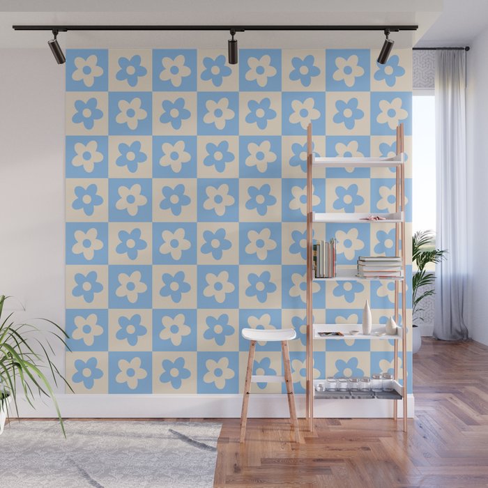 90s flowers checkers cream and blue Wall Mural Gallery Image 1