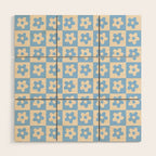 90s flowers checkers cream and blue Wood Wall Art Gallery Image 1