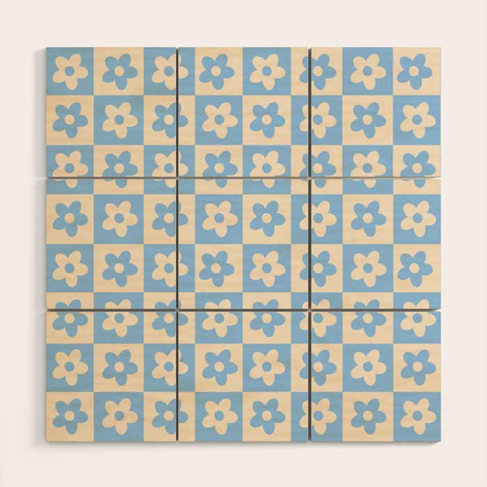 90s flowers checkers cream and blue Wood Wall Art Gallery Image 1