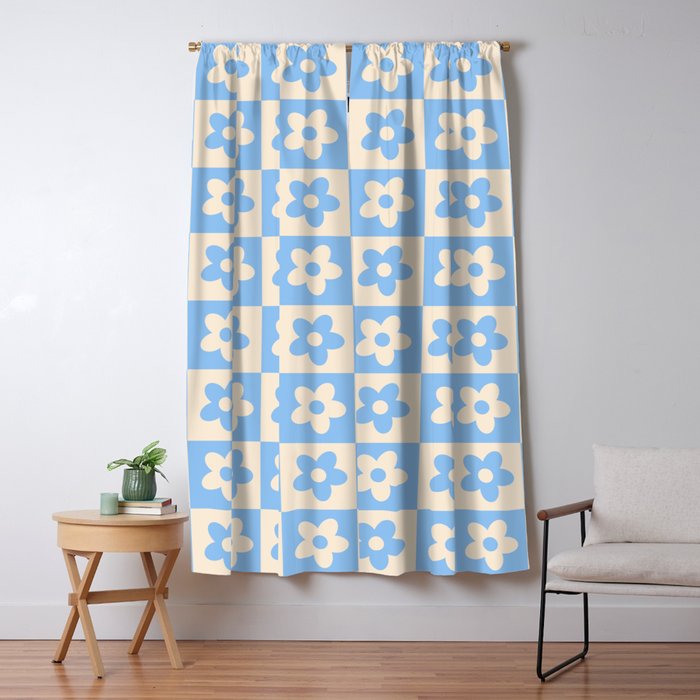 90s flowers checkers cream and blue Window Curtain Gallery Image 1