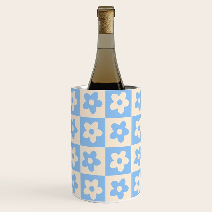 90s flowers checkers cream and blue Wine Chiller Gallery Image 1