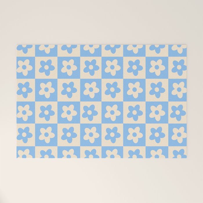 90s flowers checkers cream and blue Welcome Mat Gallery Image 1