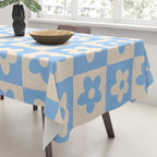 90s flowers checkers cream and blue Tablecloth Gallery Image 3