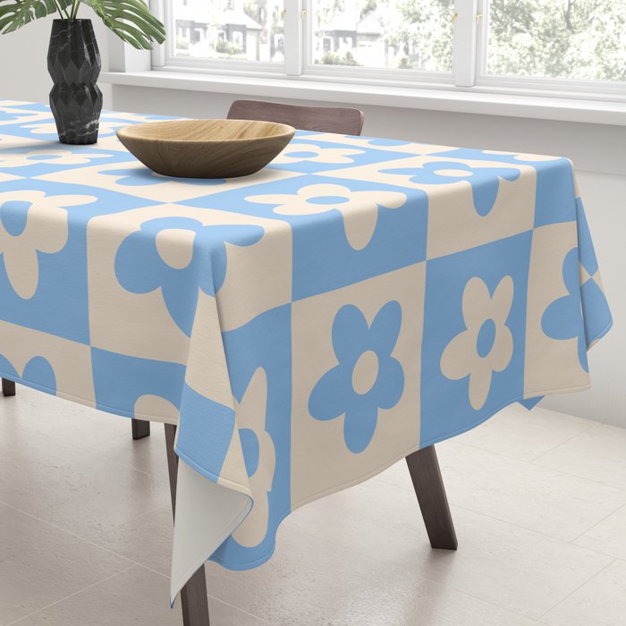 90s flowers checkers cream and blue Tablecloth Gallery Image 3