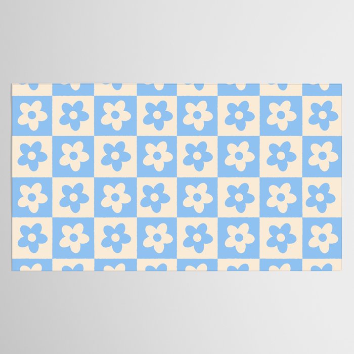 90s flowers checkers cream and blue Tablecloth Gallery Image 2
