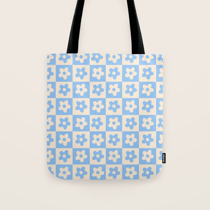 90s flowers checkers cream and blue Tote Bag Gallery Image 1