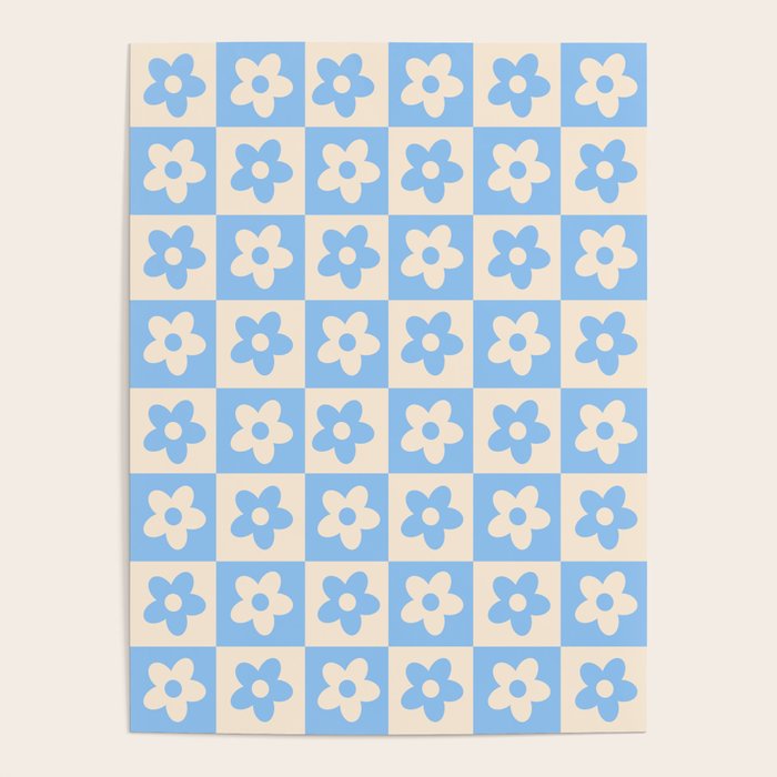 90s flowers checkers cream and blue Poster Gallery Image 1