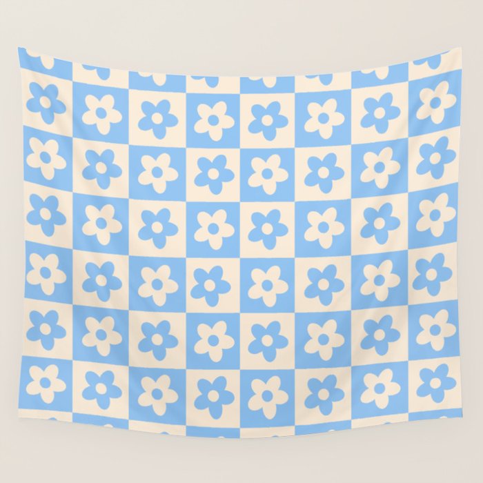 90s flowers checkers cream and blue Wall Tapestry Gallery Image 4
