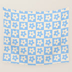 90s flowers checkers cream and blue Wall Tapestry Gallery Image 4