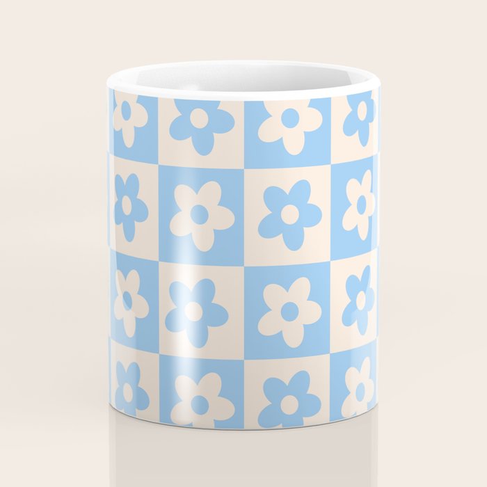 90s flowers checkers cream and blue Coffee Mug Gallery Image 4