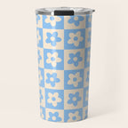 90s flowers checkers cream and blue Travel Mug Gallery Image 1