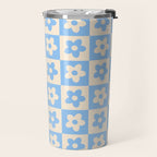 90s flowers checkers cream and blue Travel Mug Gallery Image 2