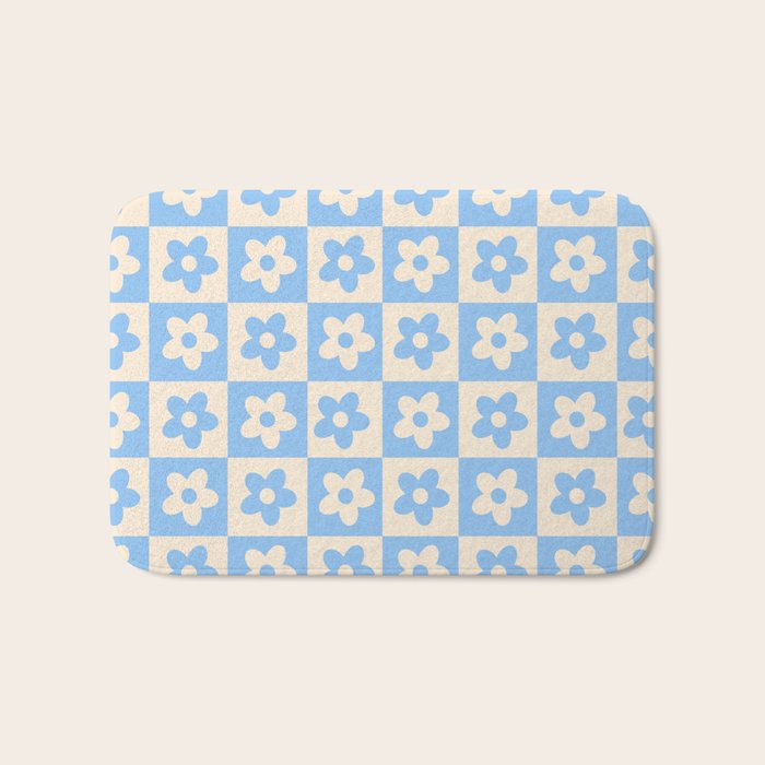 90s flowers checkers cream and blue Bath Mat Gallery Image 1