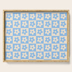 90s flowers checkers cream and blue Serving Tray Gallery Image 1