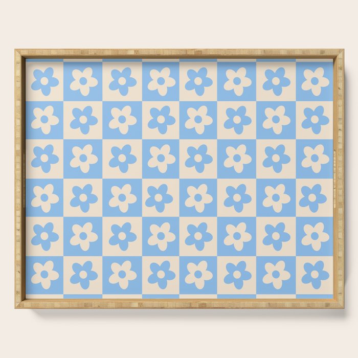 90s flowers checkers cream and blue Serving Tray Gallery Image 1