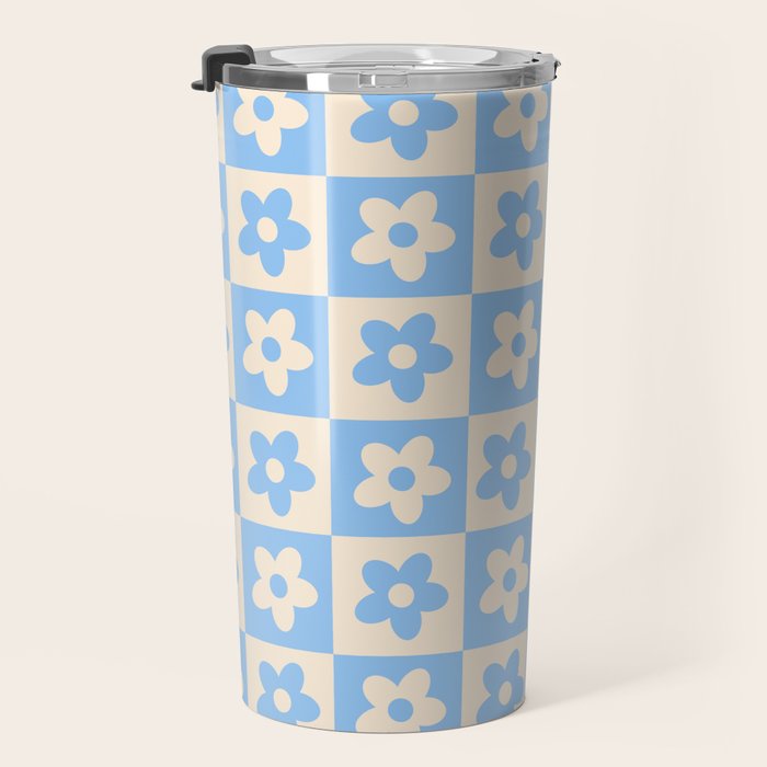 90s flowers checkers cream and blue Travel Mug Gallery Image 3