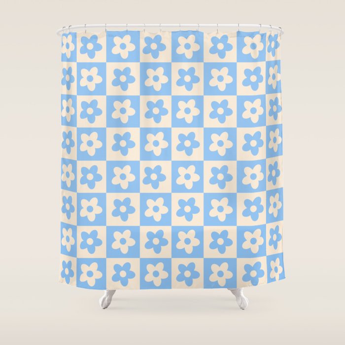 90s flowers checkers cream and blue Shower Curtain Gallery Image 1