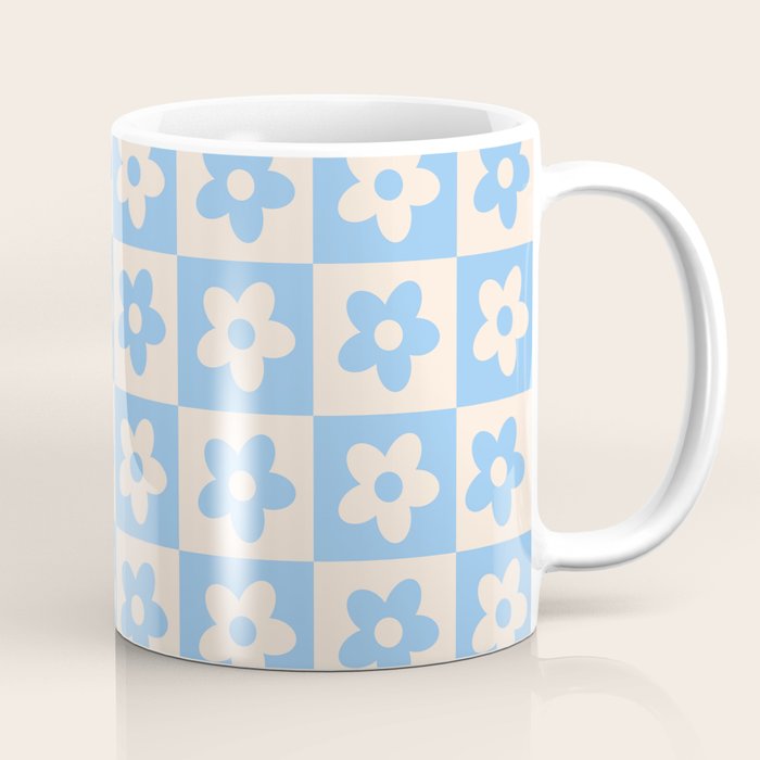 90s flowers checkers cream and blue Coffee Mug Gallery Image 1