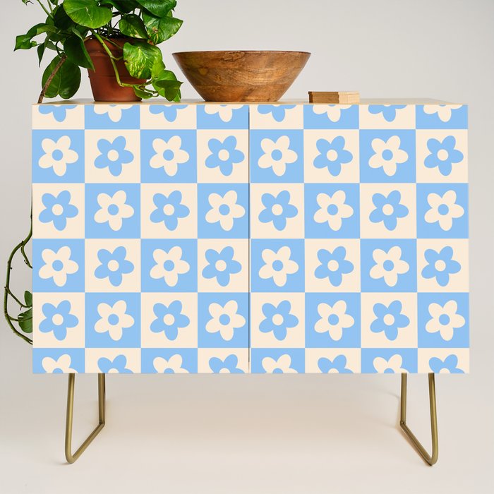 90s flowers checkers cream and blue Credenza Gallery Image 1