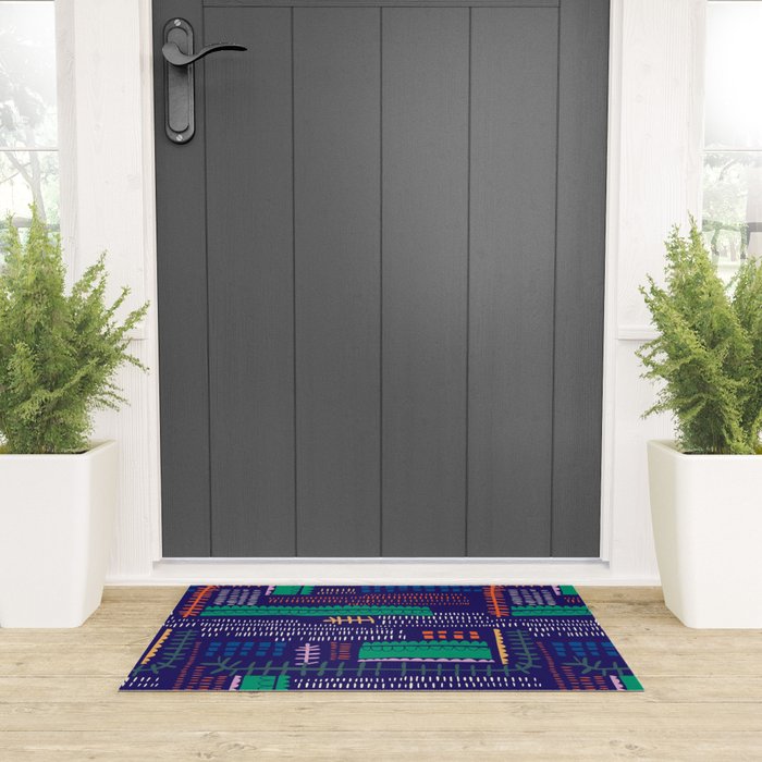 Block print geometrics blue Welcome Mat Gallery Image 3