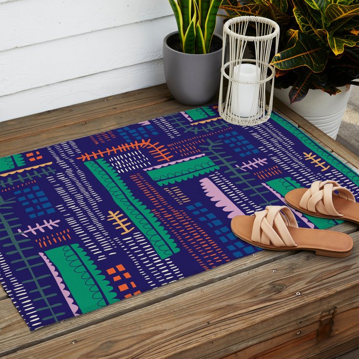 Block print geometrics blue Outdoor Rug Gallery Image 2