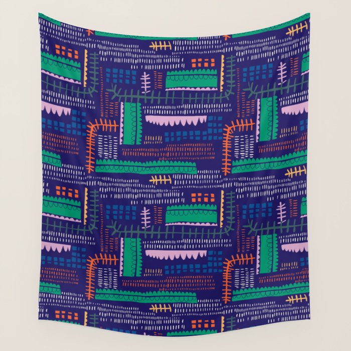 Block print geometrics blue Wall Tapestry Gallery Image 1