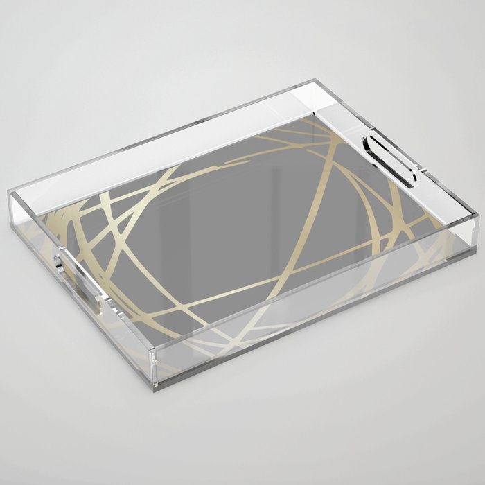 Gold and Gray Circles and Swirls Striped Abstract Pattern Acrylic Tray Gallery Image 1