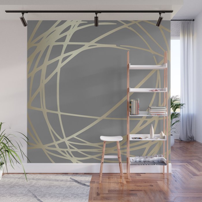 Gold and Gray Circles and Swirls Striped Abstract Pattern Wall Mural Gallery Image 1