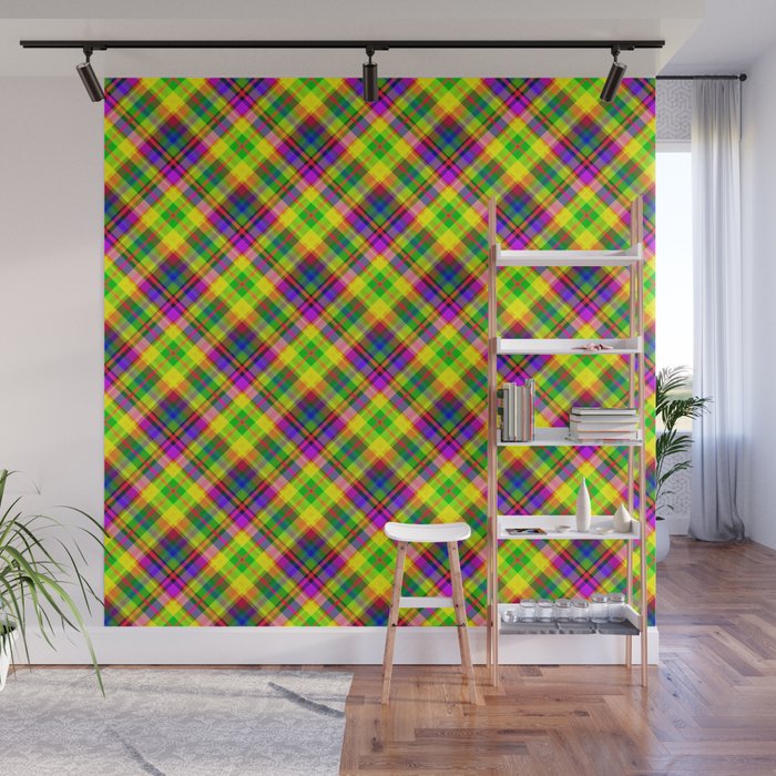 Bright summer neon checkered pattern yellow green purple Wall Mural