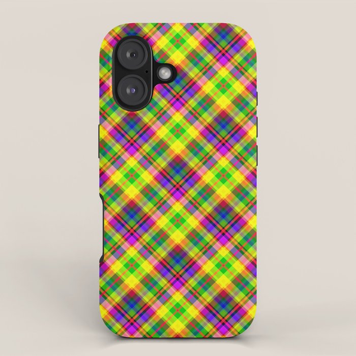 Bright summer neon checkered pattern yellow green purple iPhone Case Gallery Image 1