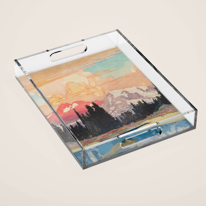 Storms over Keiisino - Winter Mountain & Forest Ukiyoe Nature Landscape in Pink, Blue, and Green Acrylic Tray Gallery Image 1