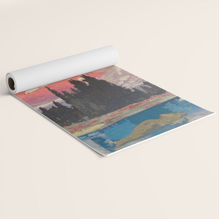 Storms over Keiisino - Winter Mountain & Forest Ukiyoe Nature Landscape in Pink, Blue, and Green Yoga Mat Gallery Image 2